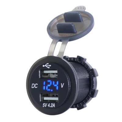 Panel Mount Dual 5 Volt USB, 2.1 A and 2.1 A Charger and DVM. 12/24 VDC Input 