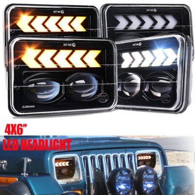 4pcs 4x6'' LED Headlight Hi/Lo Flow Arrow DRL For Peterbilt 379 378 Freightliner