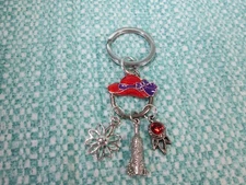 Red Hat Society Enameled Key Chain w/ Charms & Red Crystal / Upcycled / V