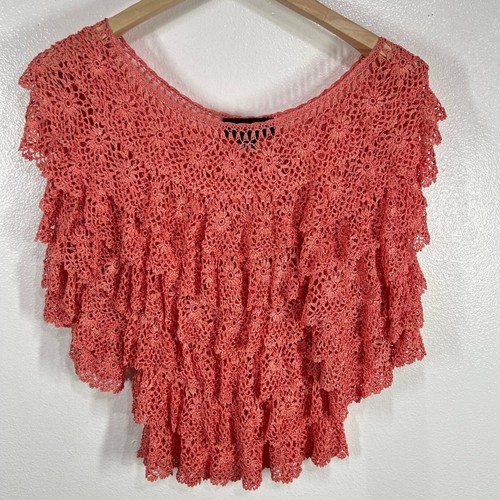 Ario A Crochet Ruffle Top Coral Pink Layered Sleeveless Blouse S/M Boho Minimal