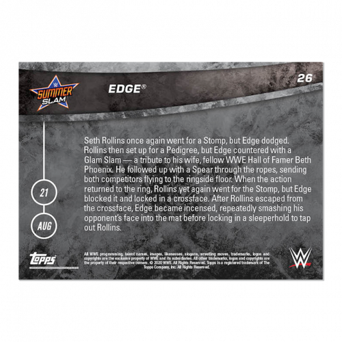 EDGE DEFEATS SETH ROLLINS 2021 TOPPS NOW WWE #26 (SUMMERSLAM) - Picture 2 of 2