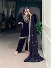 Presenting Navy Blue Velvet Salwar Kameez With Organza Dupatta For Ethnic Wear