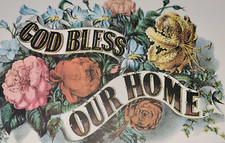 GOD BLESS OUR HOME Welcome Sign Flowers Currier  Ives 12x16" Bright Color Print