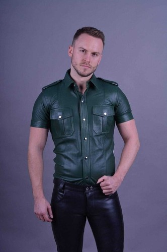 Stylish Men Shirt Real Green Handmade Formal Casual 100%Lambskin Leather Party - Picture 4 of 7