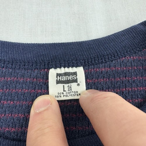 Vintage 1970s Hanes Thermal Shirt Adult Large Blue Red Striped Rockabilly Grunge - Picture 3 of 9