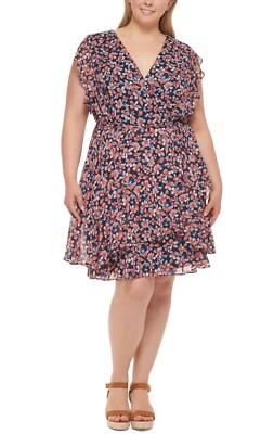 Tommy Hilfiger Navy Floral Sheer Tie Waist Flutter Sleeve Faux Wrap Dress 14W