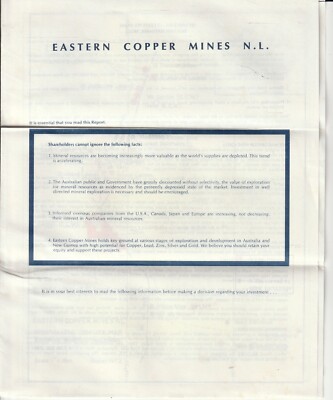 AUSTRALIAN  BUSINESS MEMORABILIA ,EASTERN COPPERS MINES REPORT , 1972 incl MAP