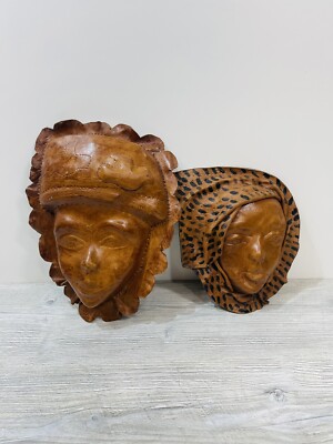 2 - Vintage Leather Face Wall Hanging Masks Handcrafted Leather Art Woman Face