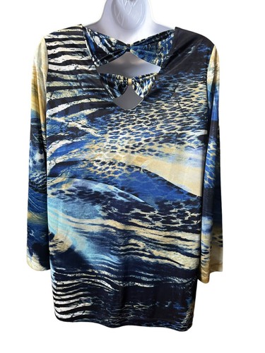 Susan Graver flüssiges Strick Langarm Top Größe Small blau hellbraun abstrakt - Bild 5 von 8
