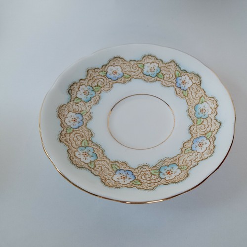Royal Stafford Bone China Tea Cup Saucer White Blue Flowers Brown Band Gold Trim - Picture 2 of 8