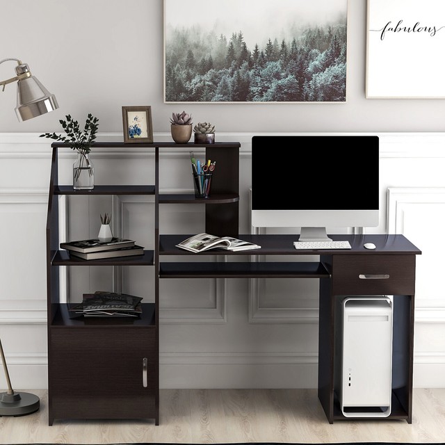 Home Office Computer Wood Desk W Cabinet Open Shelves Espresso Multi Functions For Sale Online Ebay