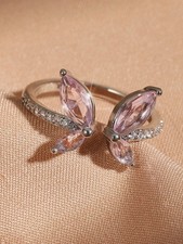 Pink Platinum Plated Butterfly Ring With Pink CZ Pave Adjustable One Size