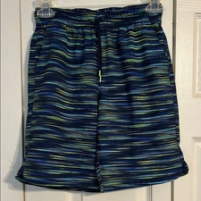LANDS' END Blue Green Striped Board Shorts Bathing Suit Athletic Pull On 10 12