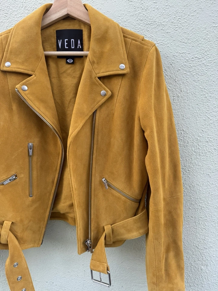 Chaqueta de Gamuza Veda Cabra Moto Motociclista Amarillo Mostaza Cremallera Asimétrica Cinturón Mujer M Foto 2 de 4