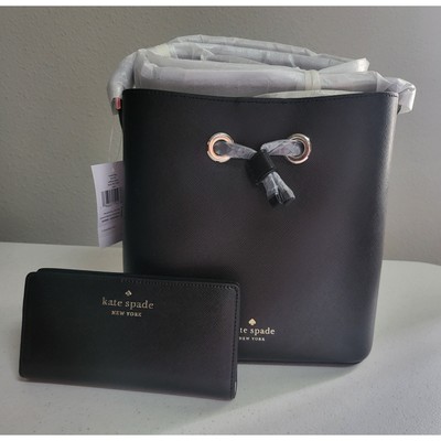 NEW Kate Spade Black Saffiano Leather Bucket Bag and Slim 