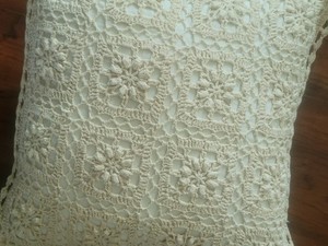 Vintage Off White Crochet Throw Pillow off white Hand Crochet  14x14x4"