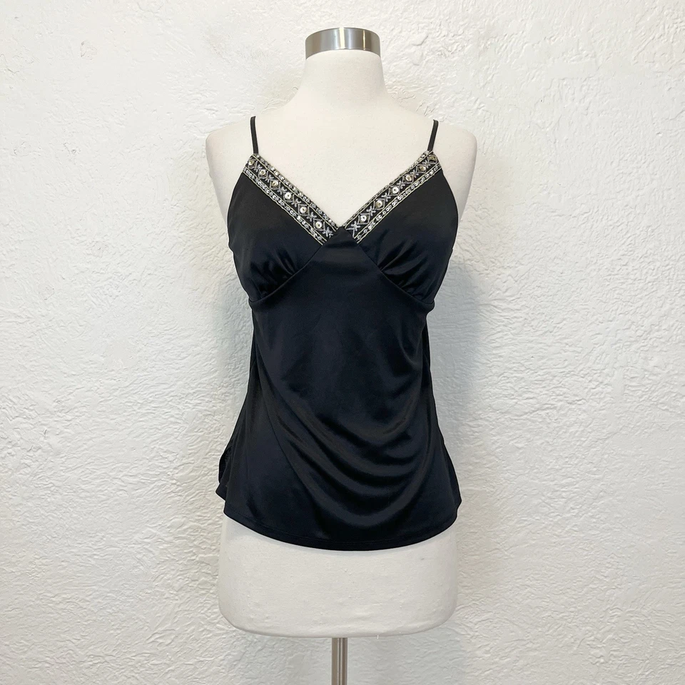 Vintage 90s Y2K Cami Tip Tank Black Beaded Embroidered Whimsigoth Goth Medium M - Image 2 of 4