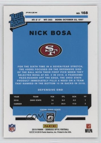 2019 Panini Donruss Optic Rated Rookie Red & Yellow Prizm Nick Bosa #168 1oj6 - Picture 2 of 3