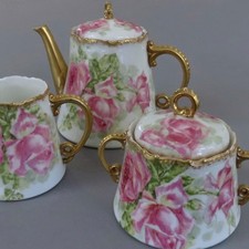 Antique LIMOGES Porcelain TEA SET Teapot Creamer + Sugar PINK ROSES Gilt Trim