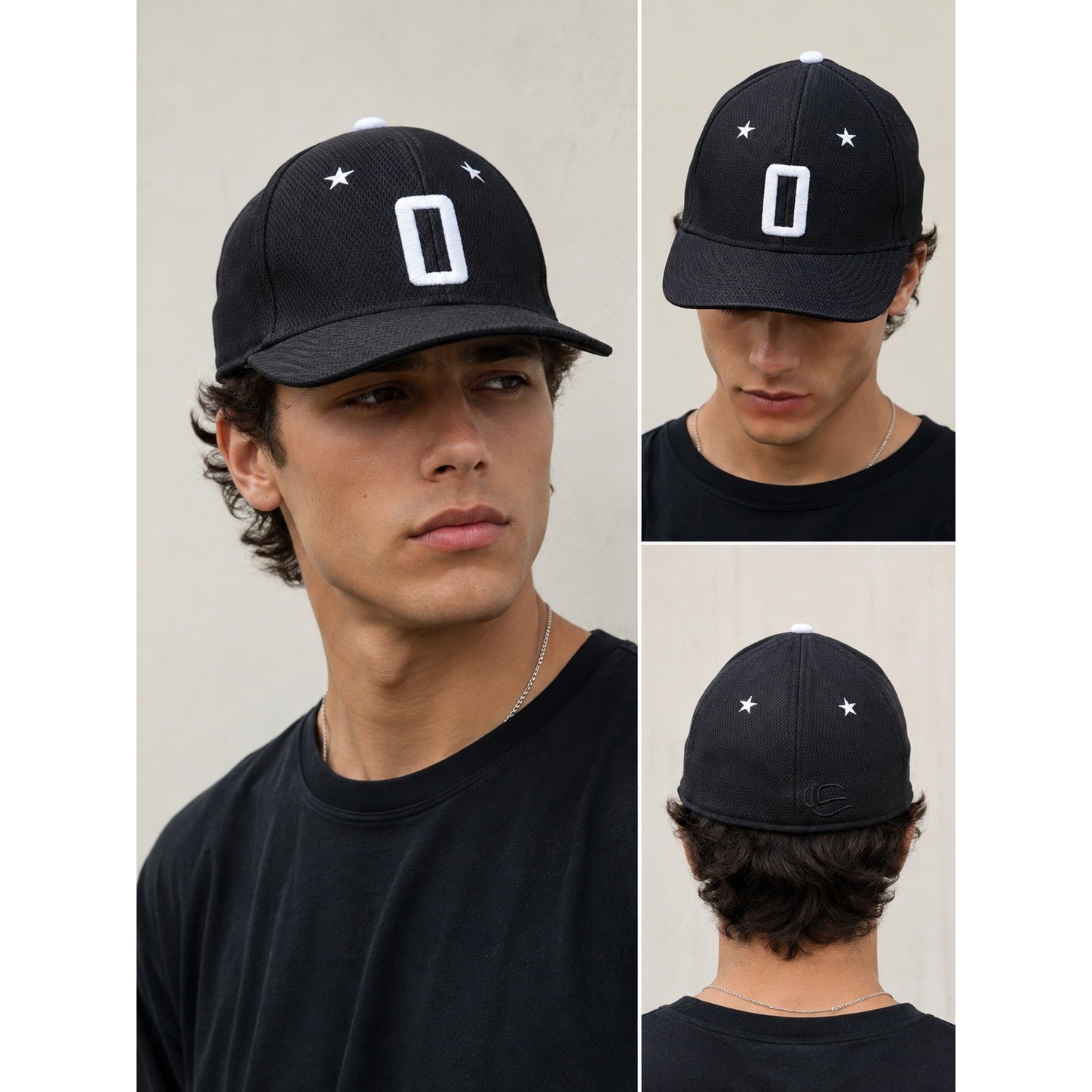 OC Sports ProFlex Black Baseball Cap White O Stars Embroidered Performance Hat
