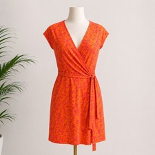 Nine West Faux Wrap Dress S Orange Pink Floral Short Sleeve Tie Waist Stretchy