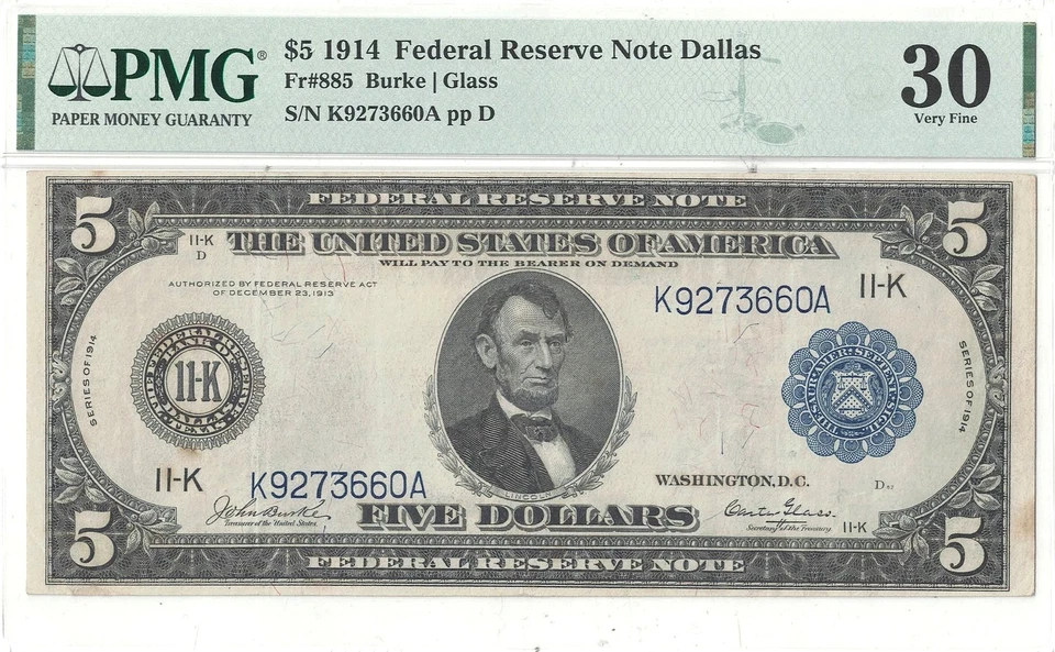 1914 $5 Federal Reserve Note Fr-885 PMG VF-30 - Image 2 of 3
