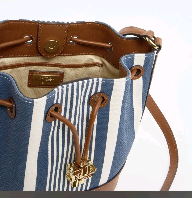 Ralph Lauren Andie Blue & Cream Striped Xbody Canvas Leather Bucket Bag RRP£369 image 2
