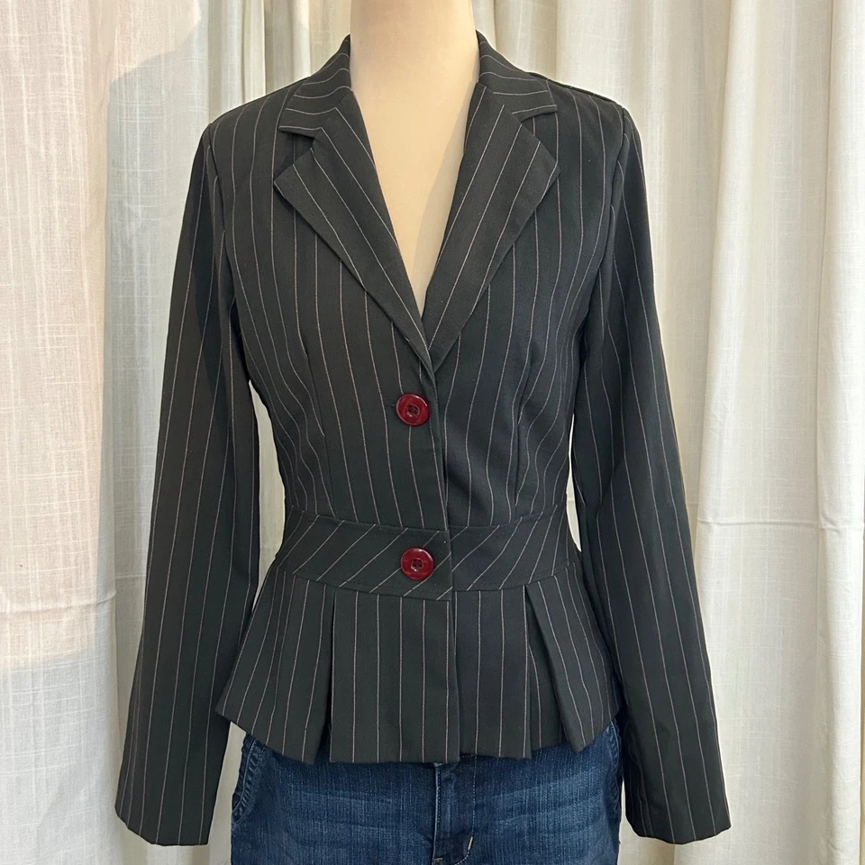 Y2K No Boundaries Pinstripe Blazer Jacket Charcoal Pink Stretch Womens Sz S 90s - Image 2 of 4