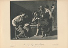 115+yr Old Original Antique Louis Le Nain Lithograph Art Print THE CARD PLAYERS
