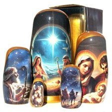 Christmas Nativity 5 Piece Russian Style Nesting Dolls Gift, Traditional Wood...