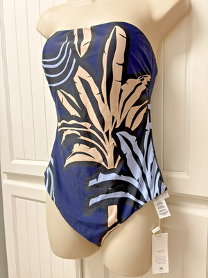 Milly womens 1 piece strapless blackblue palm tree Provence swim suit Medium NWT