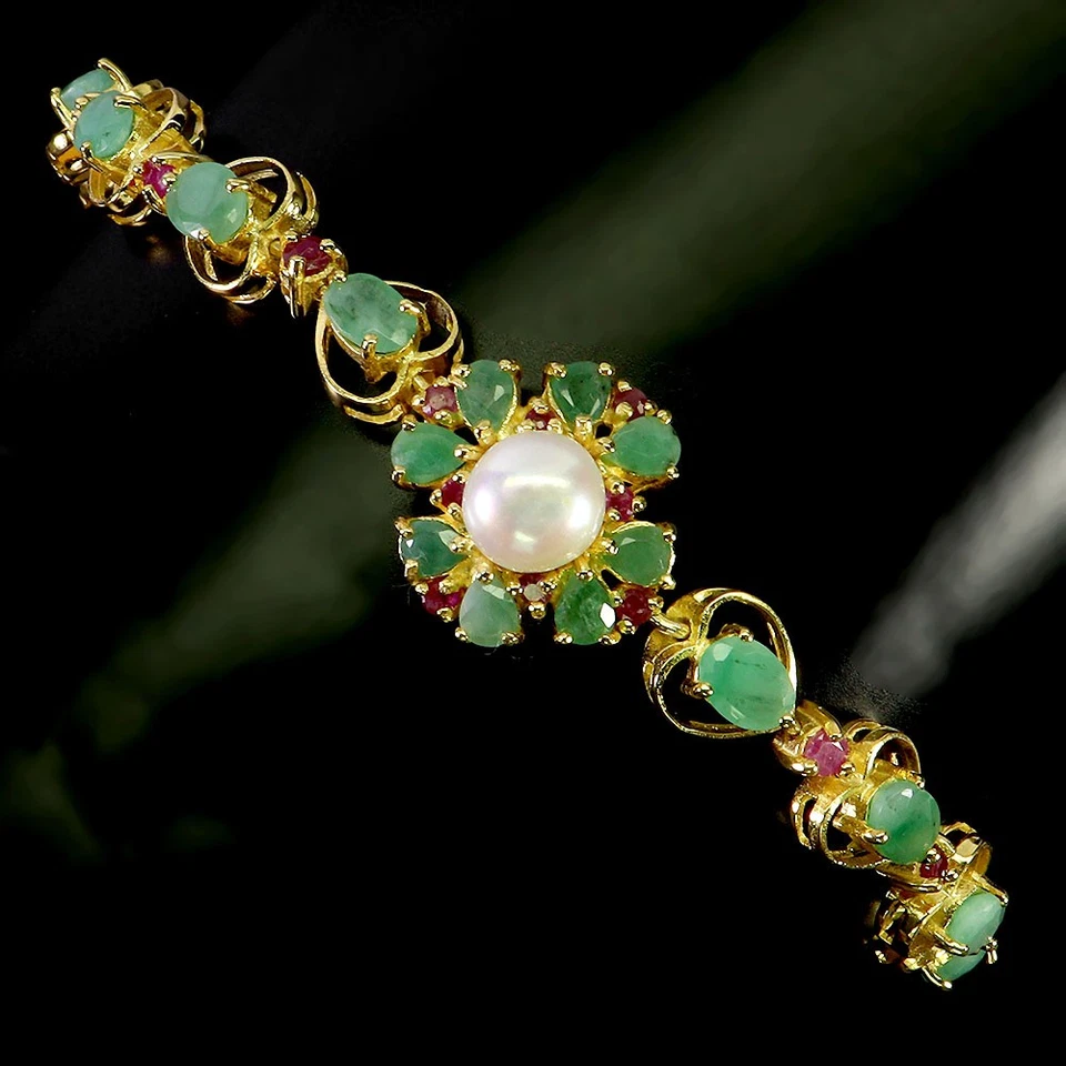 925 Sterling Silber Armband Oval Smaragd 6x4mm Perle Rubin No USA Einfuhr Fees - Bild 2 von 4