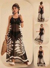Blackish w/Floral Print Mesh Style Spaghetti Strap Asymmetrical Maxi Dress XL