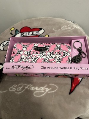 Ed Hardy Wallet Zip Around & Key Ring Pink Skull Bone & ED