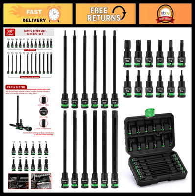24PCS Extra Long Torx Bit Socket Set 3/8'' Drive T10-T60, Cr-V & S2 Steel