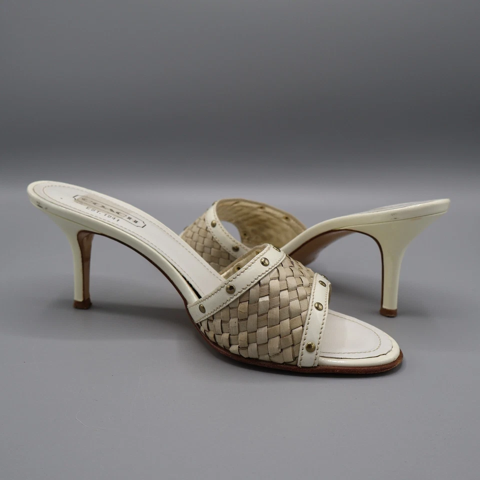 Coach Patent Leather Raffia Kitten Mules Womens 7B White Classic Old Money - Image 2 of 4