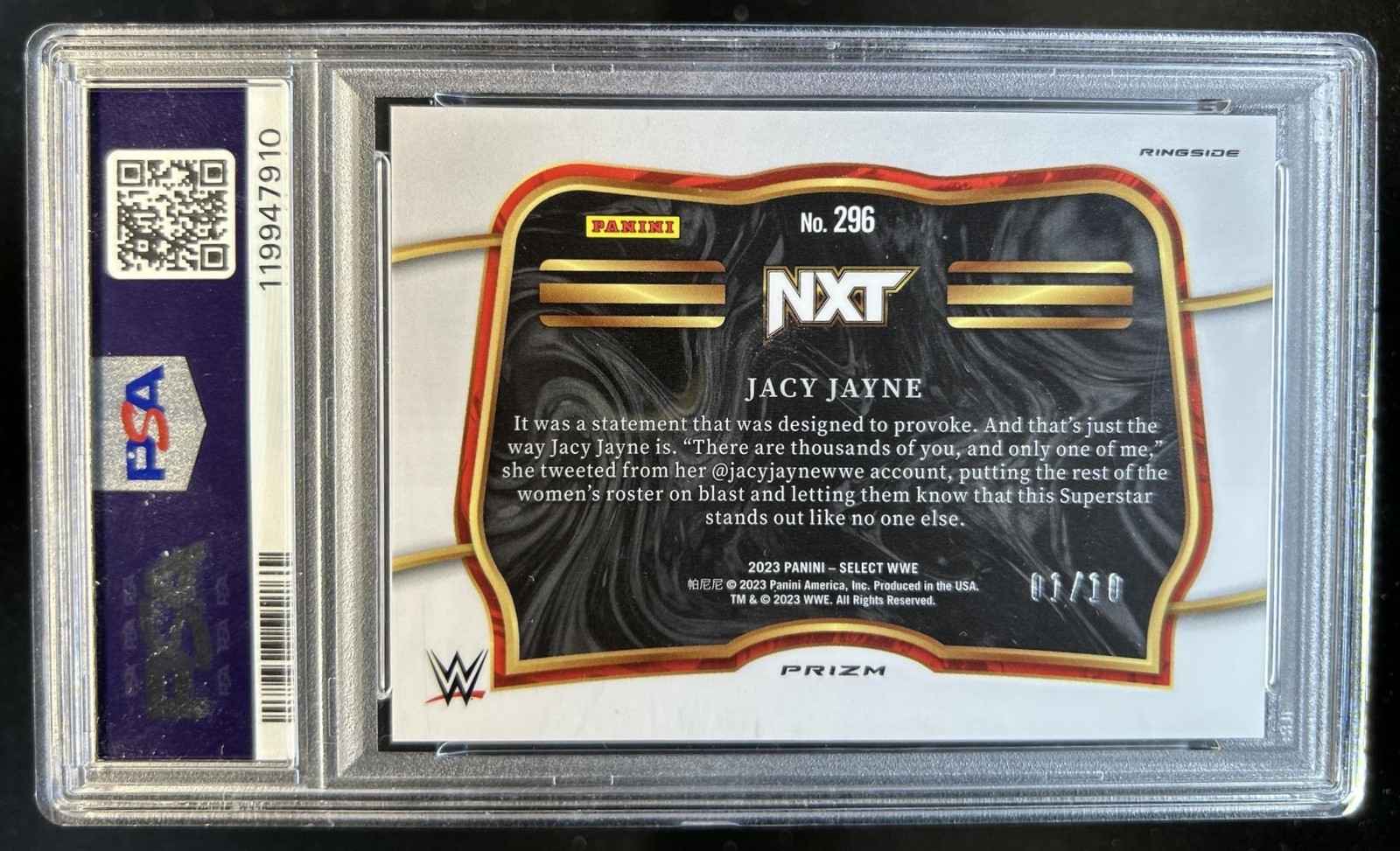 2023 Panini Select WWE Jacy Jayne Gold Flash Prizm Ringside #/10 PSA 8 view 2