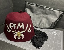 JAMIL Shriners Fez Hat Maroon With Tassel And Jeweled Sword Vintage Size 7 1/2