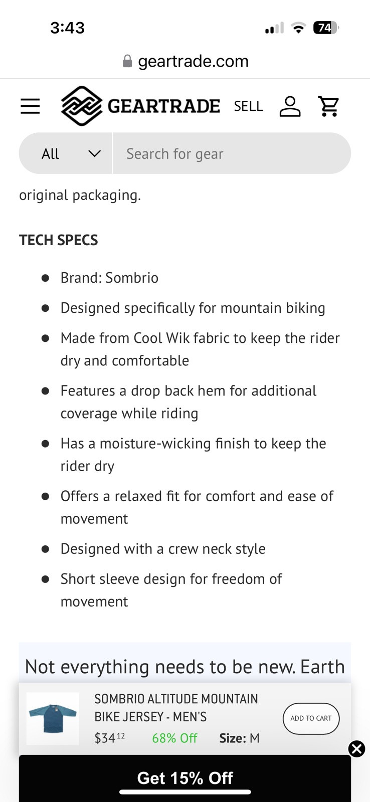 NEW! Men&rsquo;s SOMBRIO Altitude 3/4 Sleeve Mountain Bike Jersey Medium Boreal Blue