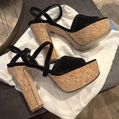 Authentic Gucci Danielle Black Suede Leather Trim Cork Platform 37.5