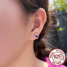 Gold Plated 925 Silver Filled Purple CZ Zirconia Square Stud Earrings Women Gift