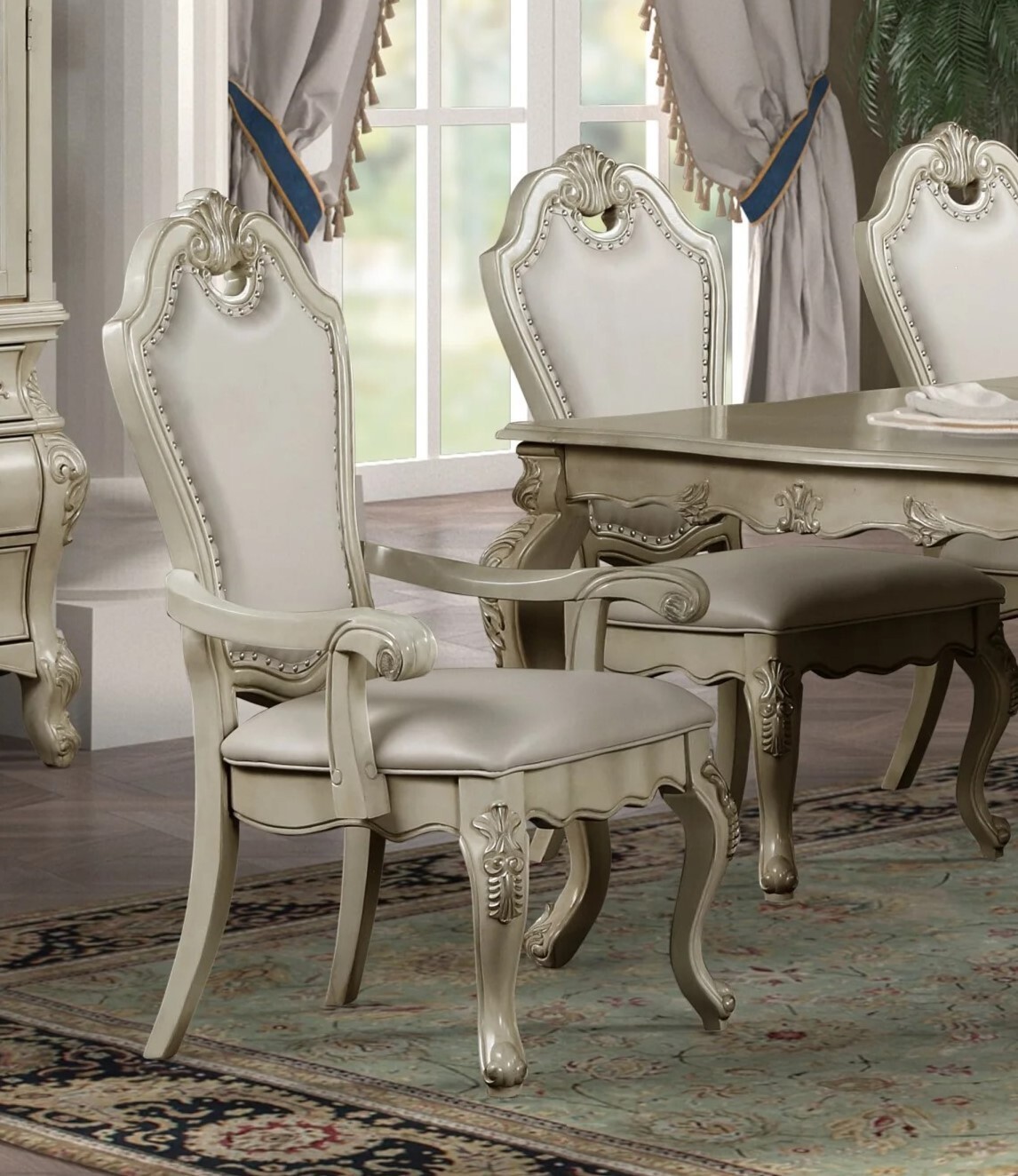 Formal Traditional 7pc Dining Set Extendable Table and Chairs Antique White Wash