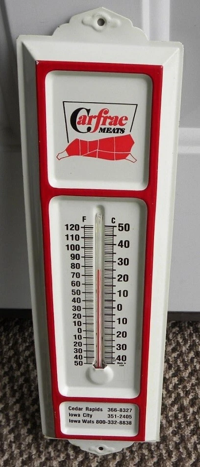 Vintage Carfrae Meats, Cedar Rapids-Iowa City IA Thermometer, Nice