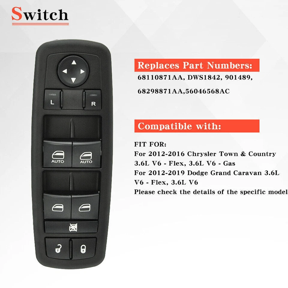 Interruptor maestro de ventana eléctrica lado del conductor para Dodge Grand Caravan 12-19 68110871AA Foto 3 de 4