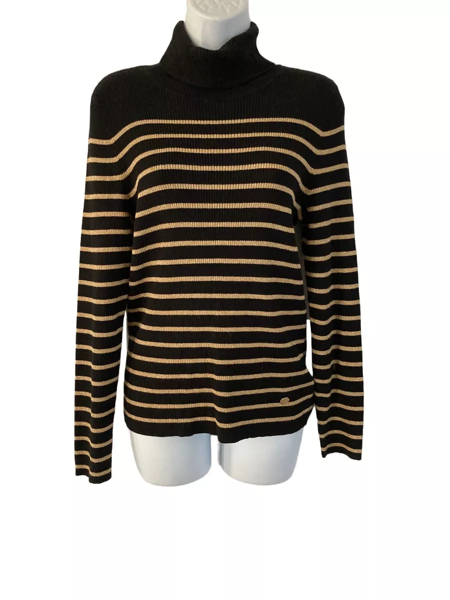 Lauren Ralph Lauren Black & Gold Stripe Ribbed Turtleneck Sweater Size  Women PL