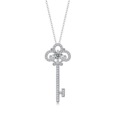 0.5ct D Color Moissanite Key Pendant Necklace 925 Sterling Silver Pass Tester