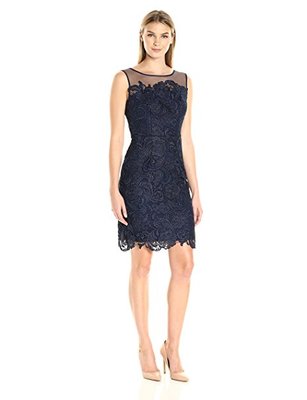 NWT DECODE 1.8 Sheer Navy Blue Lace Illusion Yoke Sheath Cocktail Shift Dress 6