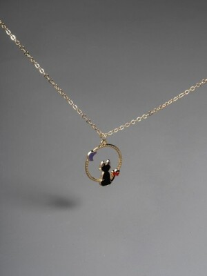 Gold Colored Cat Sitting in a Circle Under the Moon Men's/Women's Necklace