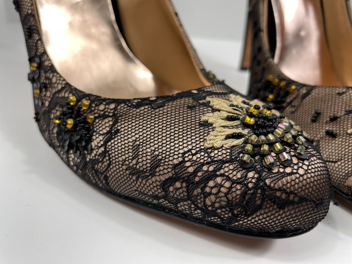 Badgley Mischka Sanoma Black Nude Bead Embellished Lace Pumps Heels - Size 10 View 5