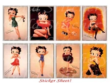 Handmade Set of 8 Retro Vintage Betty Boop Cartoon STICKERS - Just Cut & Use!